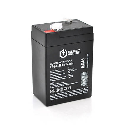 Акумуляторна батарея EUROPOWER AGM EP6-4.5F1 6 V 4.5 Ah ( 70 x 47 x 100 (105) ), 0.715 kg Black Q20, фото 1