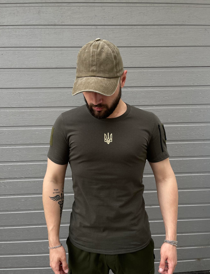 Якісна футболка патріотична тактична з липучками для військовослужбовців із тризубом, фото 1