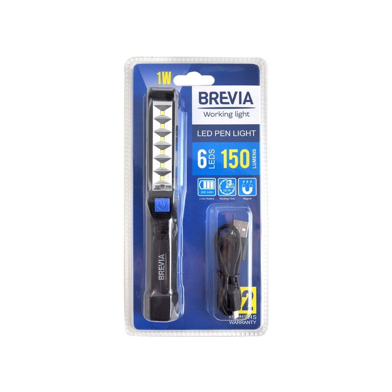 Переноска діодна SMD 6/150l +1W L=165 D=25/магніт/900mAh/microUSB Brevia Led Pen Light No11210