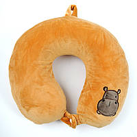 Авто подушка дорожна для шиї велюрова з ефектом пам'яті P222 (з нашивкою мордочка) Оранжева