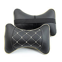 Подушка на підголовник еко-шкіра чорна + вставка перфор./строчка Робб бежевий + кант (2шт/комплект)