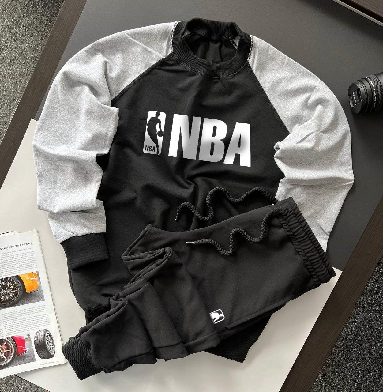 Чоловічий спортивний костюм без капюшону NBA сірий з чорним осінній menu Комплект свитшот і штани НБА