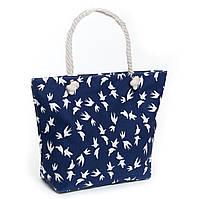 Пляжная сумка женская тканевая летняя легкая с ручками канаты синяя в мелких Ласточках с принтом 5011-12