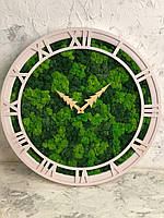 Дерев'яні Еко-години 35 см зі стабілізованим мохом настінні Оригінальний декор подарунок Годинник дерев'яна