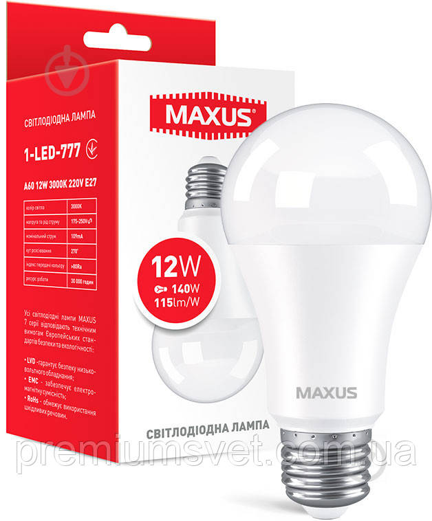 Лампа світлодіодна  MAXUS A60 12W 3000K 220V E27 1-LED-777