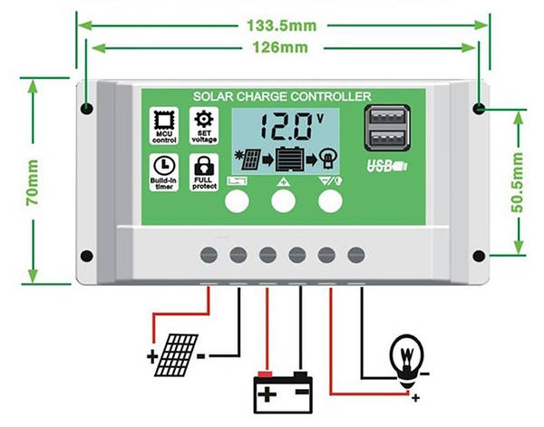 Контроллер заряда солнечной батареи W88-C 30А 2USB ШИМ 12/24В