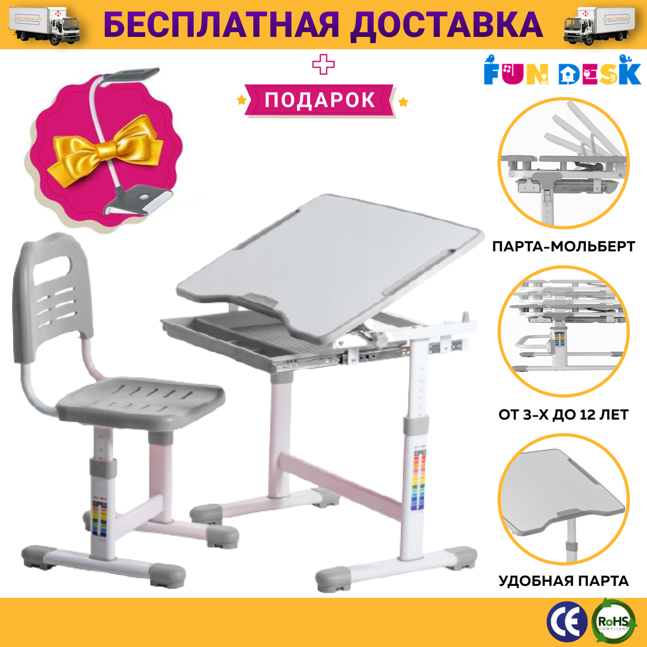 Парти учнівські Столи та Стільці Трансформер FunDesk Sole II Grey, Комплект Дитячої Зростаючої Меблів
