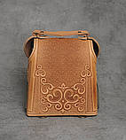 Шкіряний бежево-оливковий рюкзак ручної роботи, сумка-рюкзак з авторським тисненням, стиль бохо, фото 5