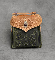 Кожаный бежево-оливковый рюкзак ручной работы, сумочка-рюкзак с авторским тиснением, стиль бохо