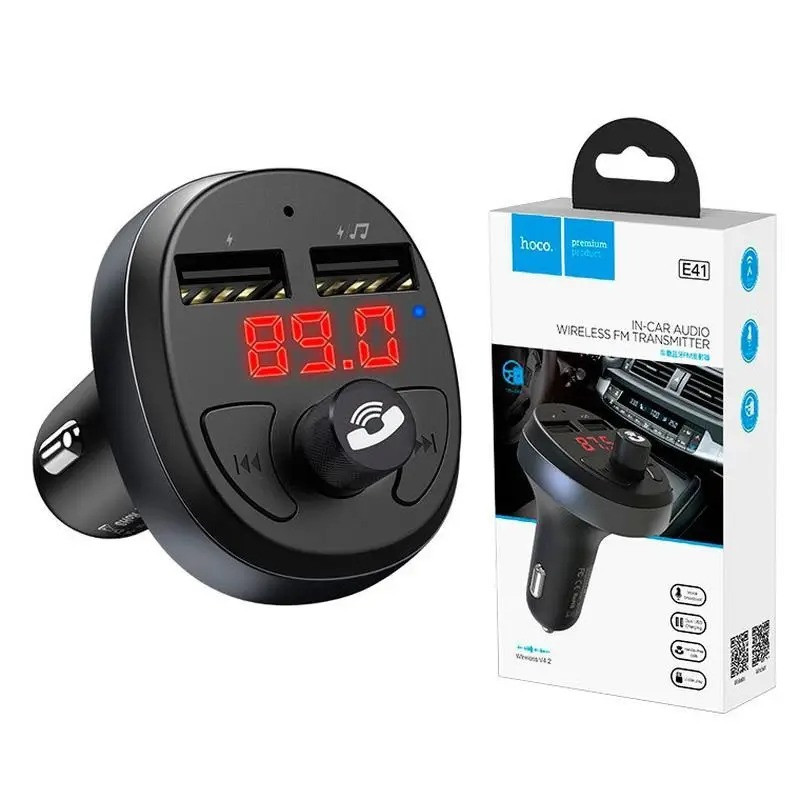 Автомобільний FM Модулятор Hoco E41 2 USB, Автомобільний зарядний пристрій, Bluetooth в машину, Чорний