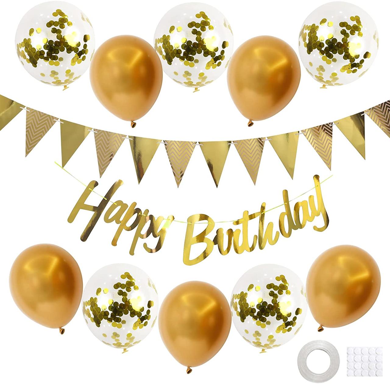Набір із кульок з гірляндою та прапорцями HAPPY BIRTHDAY | Золота пропис