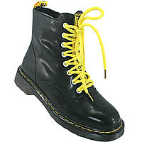 Ботинки женские демисезонные на желтой шнуровке и молнии из чёрной кожи на полиуретановой подошве 36 размера