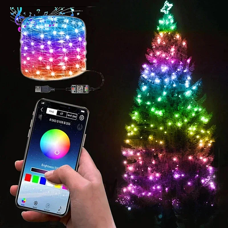 Розумна bluetooth гірлянда RGB для ялинки та новорічного декору (керування кольору з телефона) 15 м 150 LED, фото 1