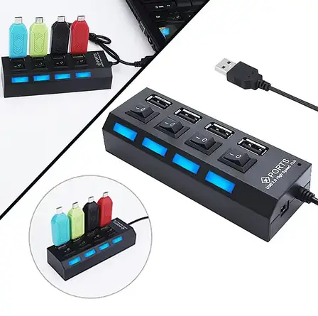 Хаб USB на 4 порти з вимикачами та підсвіткою HSM-50170 / Розгалужувач, спліттер, фото 1