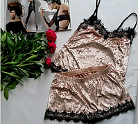 Жіноча піжамка майка + шорти велюр, Пудра