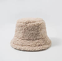Женская меховая зимняя шапка-панама теплая плюшевая (Тедди, барашек, каракуль) Бежевая 2, WUKE One size