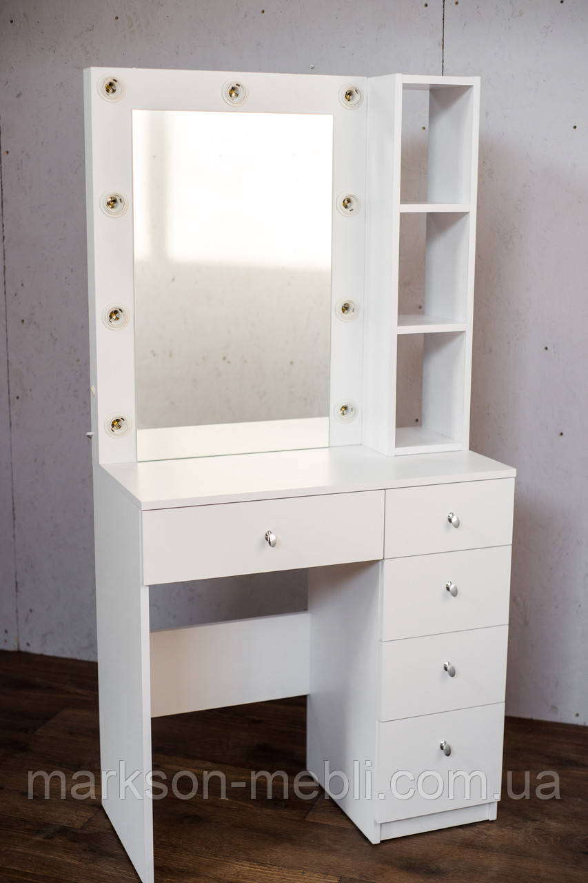 Гримерний стіл з лампочками білий, JASMINE з підсвічуванням і ПОЛИЧКАМИ на 1 тумбу, фото 1