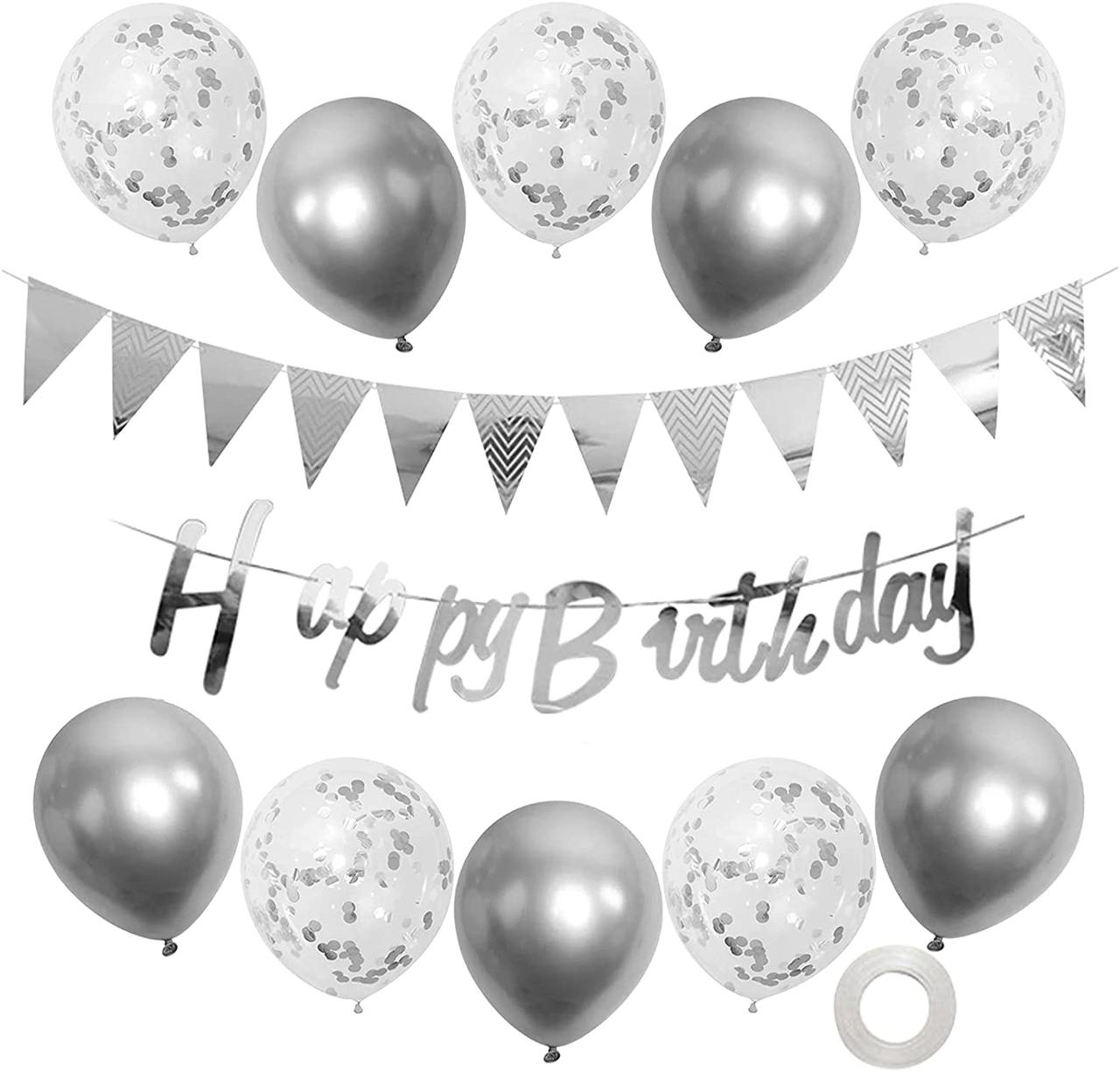 Набір із кульок з гірляндою та прапорцями HAPPY BIRTHDAY | Срібна пропис