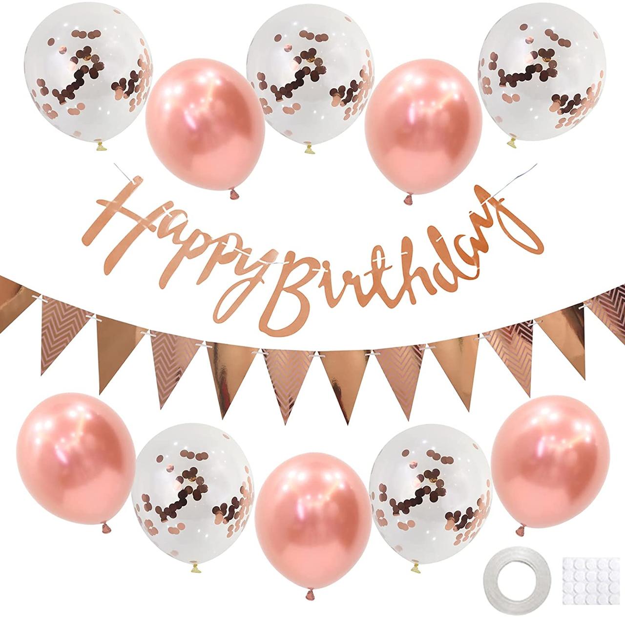Набір із кульок з гірляндою та прапорцями HAPPY BIRTHDAY | Рожеве золото пропис