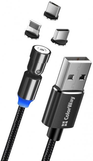 Кабель ColorWay USB — 3в1 (Lightning + MicroUSB + Type-C) Magnetic Rotation 540°, 2.4A, 1м, магнітний, чорний