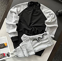 Мужской спортивный костюм без капюшона двухцветный серый с черным весенний осенний | Комплект свитшот и штаны