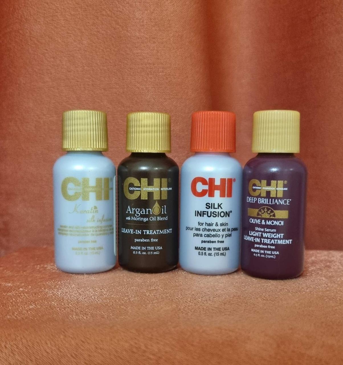 Набір з 4 міні шовків і олій CHI по 15 мл: Chi Argan Oil +Silk Infusion+Deep Brilliance+Keratin, фото 1