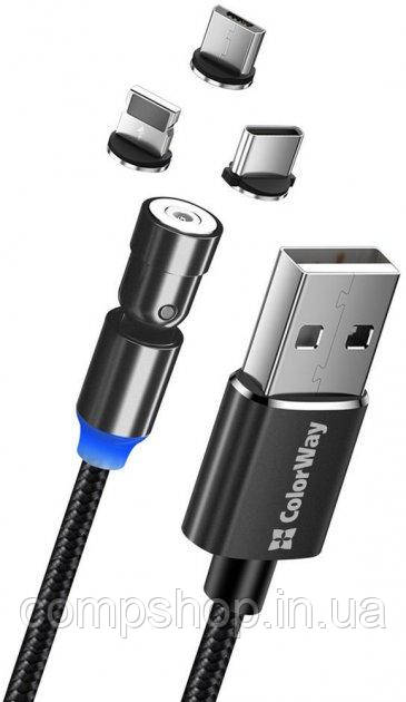 Кабель USB-MultiType 1м ColorWay Type-C/Lighting/MicroUSB, 2.4А, Rotation 540°, магнітний, чорний