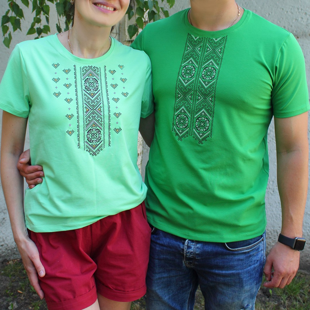 Парные патриотические футболки вышиванки с орнаментом зеленого цвета, футболки для пар тм Ладан 54 - фото 1 - id-p1654522460