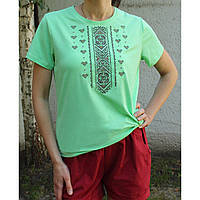 Легка літня жіноча футболка вишиванка насиченого салатового кольору з традиційним орнаментом від виробника ТМ Ладан