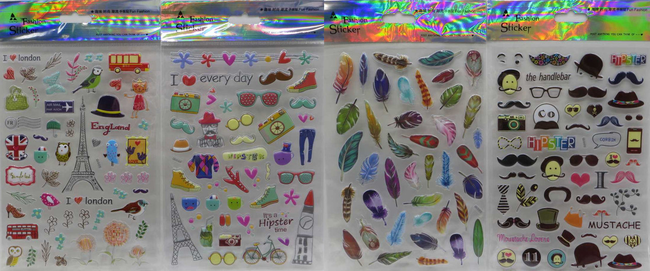 Наклейка об'ємна "Пір'я, вуса, Париж" 27*16см 12 видів (12шт), фото 1