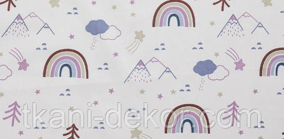 Сатин (бавовняна тканина) веселка, хмаринки, що падають зірки бузкові (ширина 160 см, 120 г/м2), фото 1