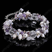 Браслет з гранітного гірського кришталю та аметисту 12 мм на металізованій нитці