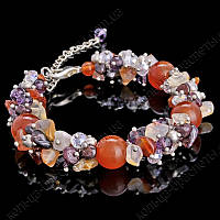 Браслет з сердоліку та гірського кришталю з гранатом, 12 мм, регульований ланцюжок
