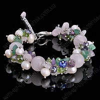 Браслет з рожевого кварцу з перлами, аметистом і нефритом, регульований 12 мм