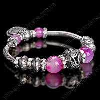 Браслет Pandora з рожевими каміннями та стразами на гумці, підвіска серце