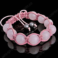 Браслет Шамбала з рожевого кварцу 12 мм, шкіряна обплетка, 9 бусин