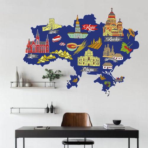 Інтер'єрна повноколірна наклейка з вінілу Яскрава мапа України з пам'ятками та містами