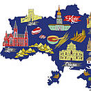 Інтер'єрна повноколірна наклейка з вінілу Яскрава мапа України з пам'ятками та містами, фото 3