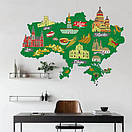 Інтер'єрна повноколірна наклейка з вінілу Яскрава мапа України з пам'ятками та містами, фото 4