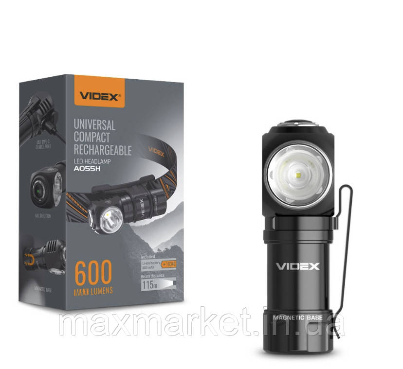 Маленький потужний ліхтарик налобний на голову акумуляторний кутовий VIDEX VLF-A055H 600Lm 5700K, фото 1
