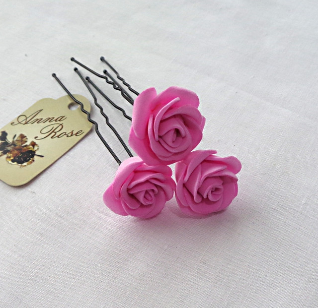 Шпильки для волосся ручної роботи "Трояндочки Яскраво Рожеві"-купити-в інтернет-магазині AnnaRose