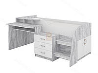 Кровать MebelProff Спейс, кровать с комодом, столом и тумбой с выдвижными ящиками, двухъярусная кровать Бетон / Белый