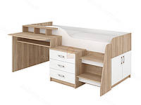 Кровать MebelProff Спейс, кровать с комодом, столом и тумбой с выдвижными ящиками, двухъярусная кровать Дуб Сонома / Белый