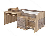 Кровать MebelProff Спейс, кровать с комодом, столом и тумбой с выдвижными ящиками, двухъярусная кровать Дуб Сонома / Трюфель