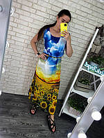 Легкое женское платье Макси Принт Подсолнух Ткань Шифон+подкладка 50, 52, 54, 56 размер 50 52