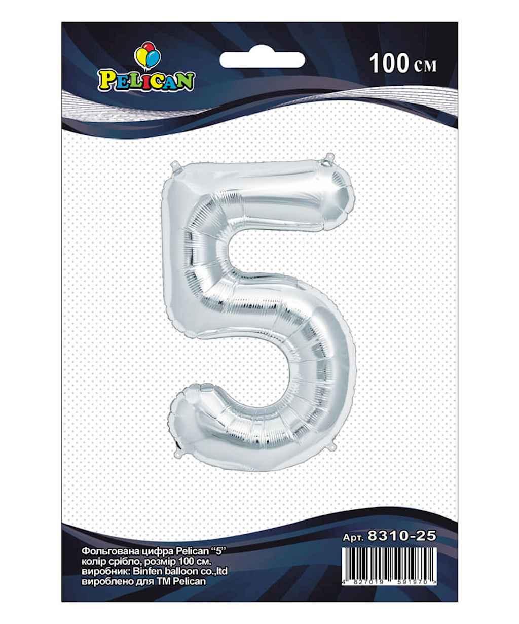 Кулька фольгована цифра 5 СРІБЛО 100см. 831025 ТМ PELICAN, фото 1