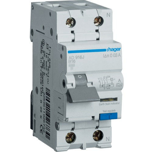 Дифавтомат Hager ADA910D 10A 30мА 6кА 2 полюси х-ка B тип A