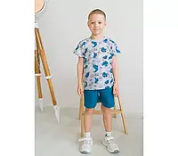 Комплект літній для хлопчика футболка з принтом Дінкозаври і шорти Кулір синій ріст 110-116 см 2239