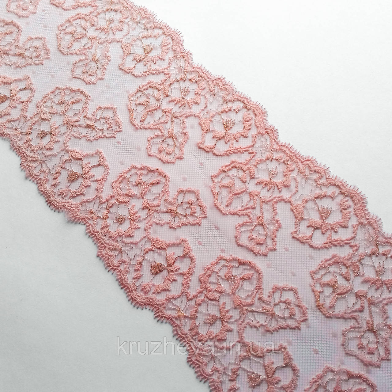 Ажурне мереживо вишивка на сітці: рожева та золотиста нитка по сітці персикового кольору, шир.18 см