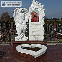 Памятник женщине из мрамора со скульптурой ангела и цветним портретом № 5